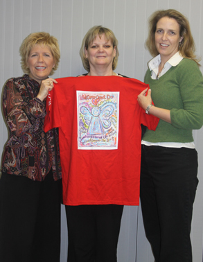 Teresa Mooneyham, Susan Smith, and Laurel Latto with Colorful Cancer Angel t-shirt