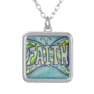 Faith Word Blue Butterfly Necklace Art Jewelry
