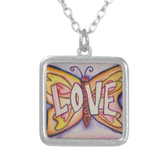 Love Word Pink Butterfly Necklace Art Jewelry
