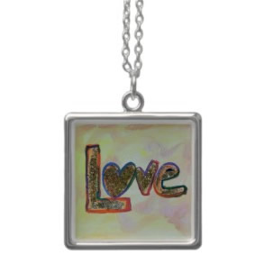 Golden Pastels Love Word Art Silver Necklace Charm Square