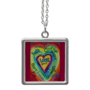 Rainbow Heart Spirit Words Necklace Charms Square